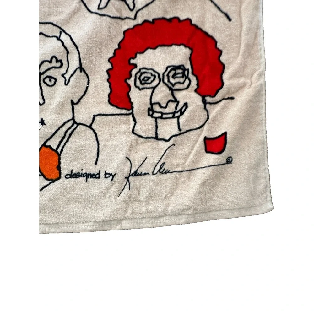 vintage Allen International Large Towel People Faces 60x35 Signed Artist NOS